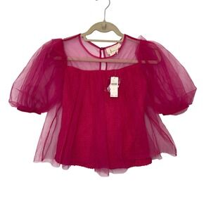 Anthropologie Pink Tulle Square Neck Puff Sleeve Top Blouse XS